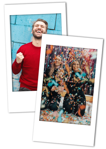 Two instant photos showing the fun being had at parties. Our instant camera rentals put memories in your pocket with photos like these.